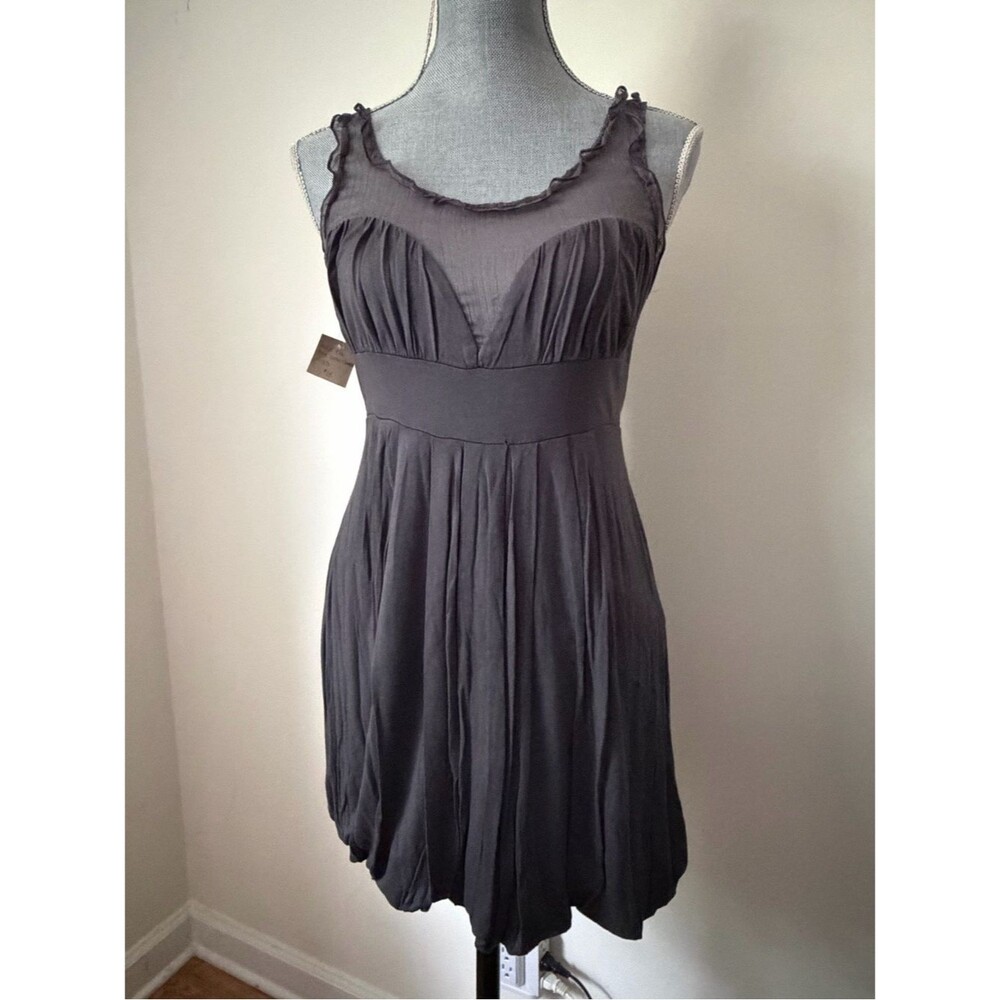Y2K Dark Gray Ruffled Sheer Panel Babydoll Bubble Tank Dress